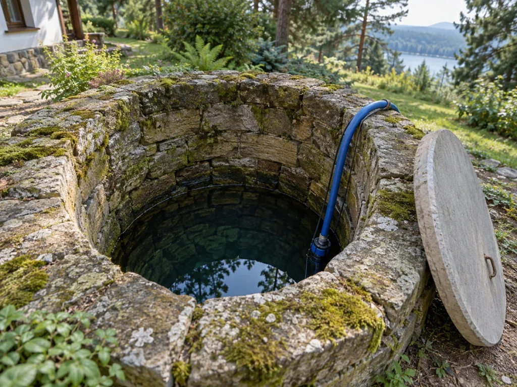 Kopaná kamenná studna s vodou a modrou hadicí